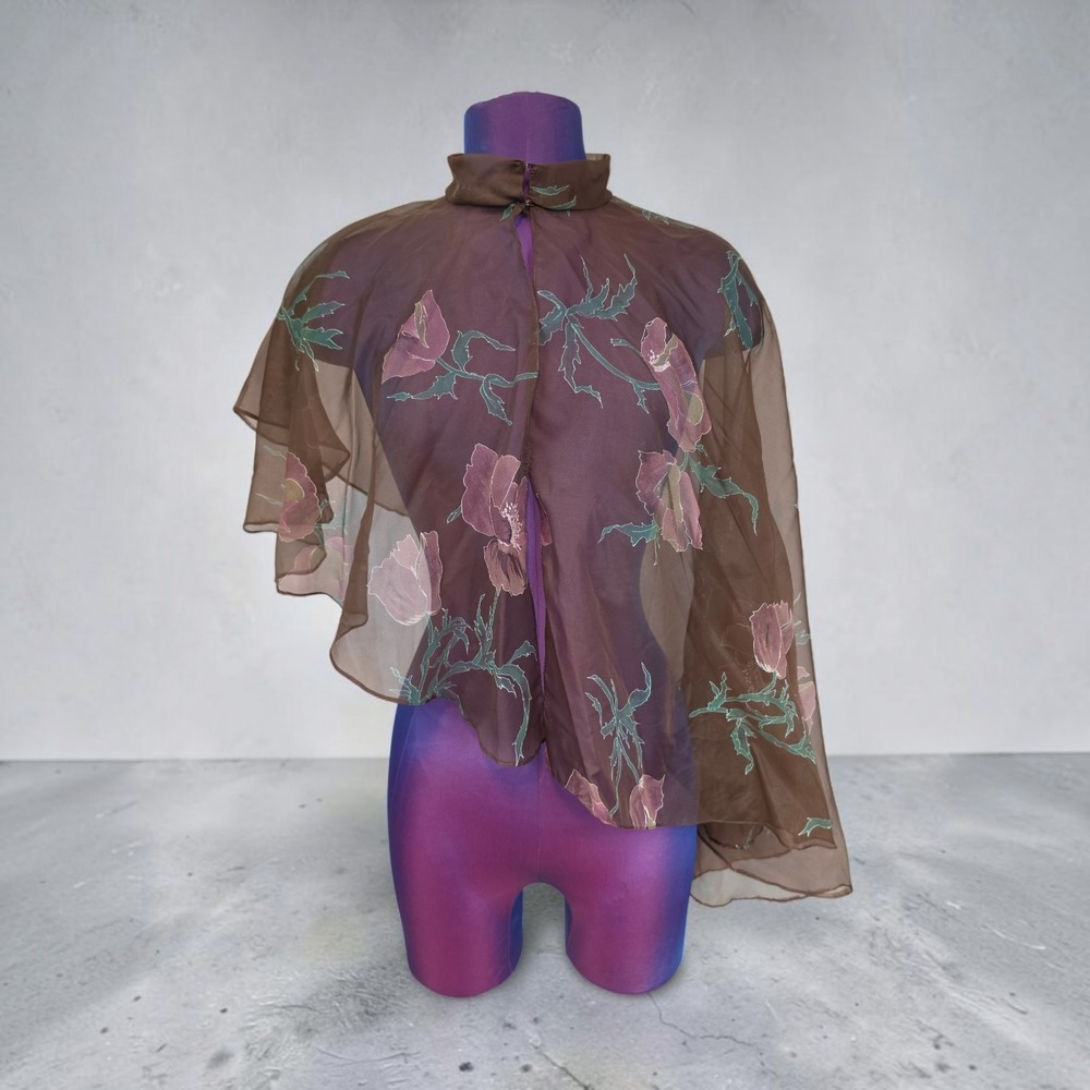 Vintage Sheer Brown Hand Painted Floral Organza Capelet High Neck Shrug Wrap